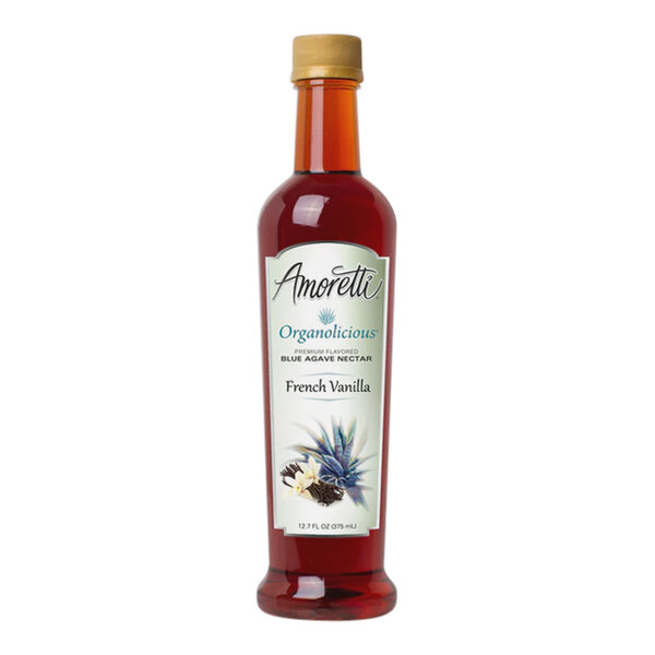 A bottle of Amoretti Organolicious Organic French Vanilla Blue Agave Nectar with a label.