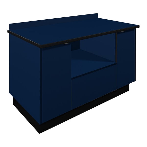 A blue Plymold Atlantis laminate microwave cabinet with black accents.
