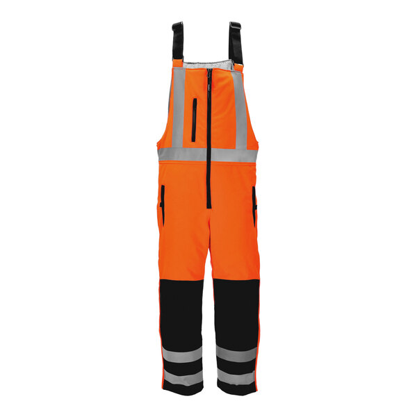 RefrigiWear orange and black high visibility bib overalls with reflective stripes.