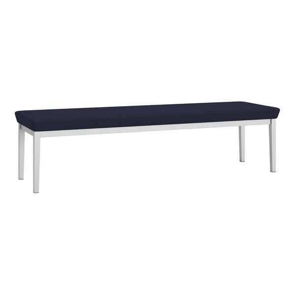 A Lesro Lenox steel bench with a blue cushion on top.