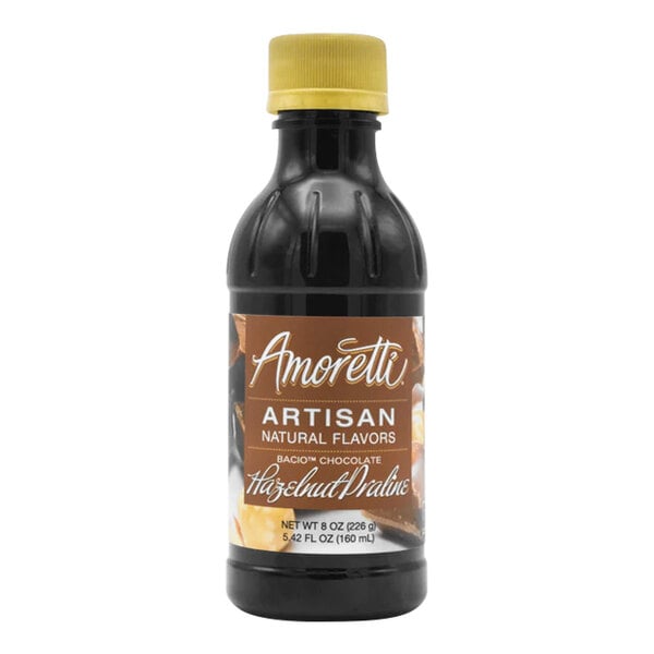 A bottle of Amoretti Bacio Chocolate Hazelnut Praline Artisan Natural Flavor Paste with a brown label.