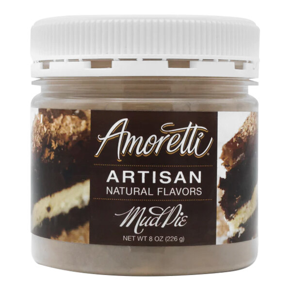 A jar of Amoretti Mud Pie Artisan Natural Flavor Powder with brown contents.
