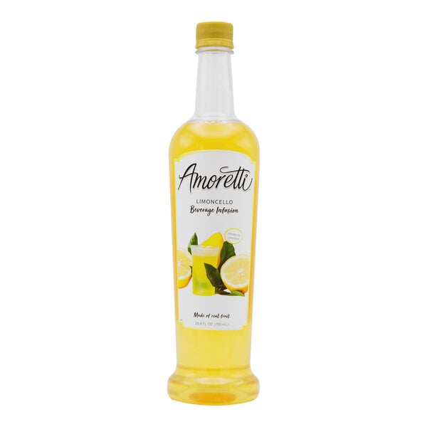 A bottle of Amoretti Limoncello Beverage Infusion with a white label with yellow text.