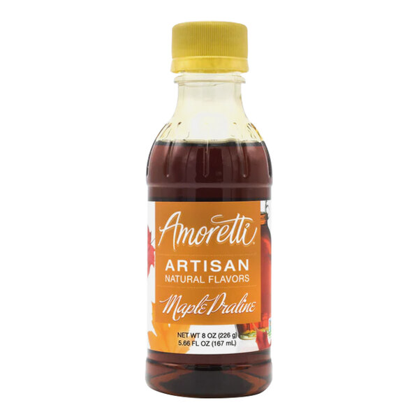 A bottle of Amoretti Maple Praline Artisan Natural Flavor Paste with a yellow cap and label.