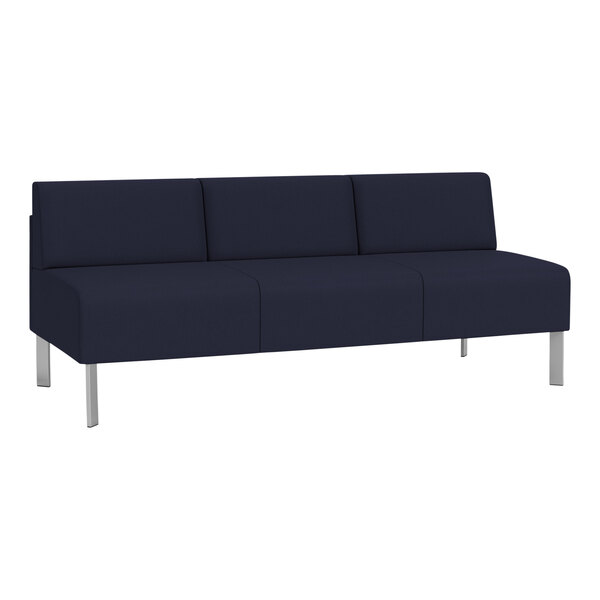 A navy blue Lesro Luxe Lounge sofa with steel legs.