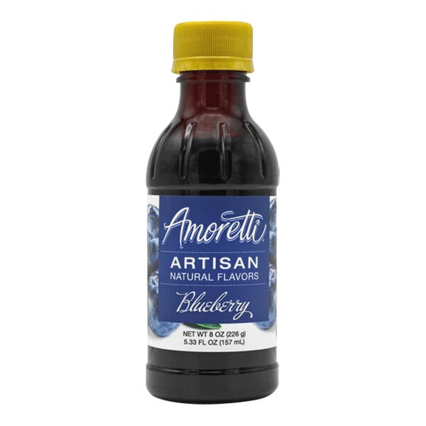 A bottle of Amoretti Blueberry Artisan Natural Flavor Paste with a blue label.