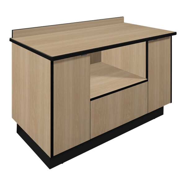 A Plymold beige laminate microwave cabinet with wood and black accents.