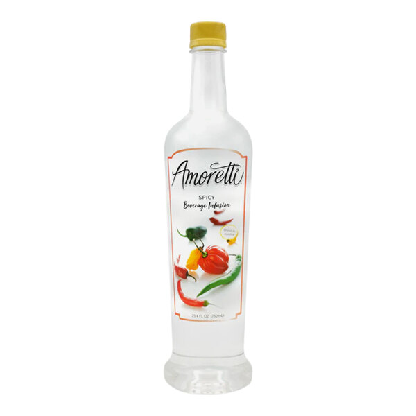 Amoretti Spicy Beverage Infusion bottle with white label and yellow cap with picture of colored peppers.