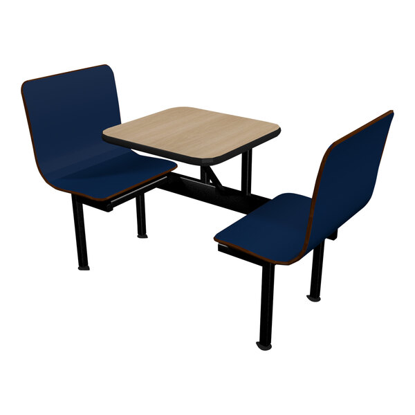 A Plymold beige table with blue chairs.