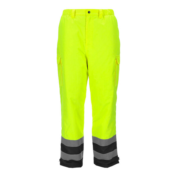 A pair of bright yellow RefrigiWear insulated pants with black accents and reflective stripes.
