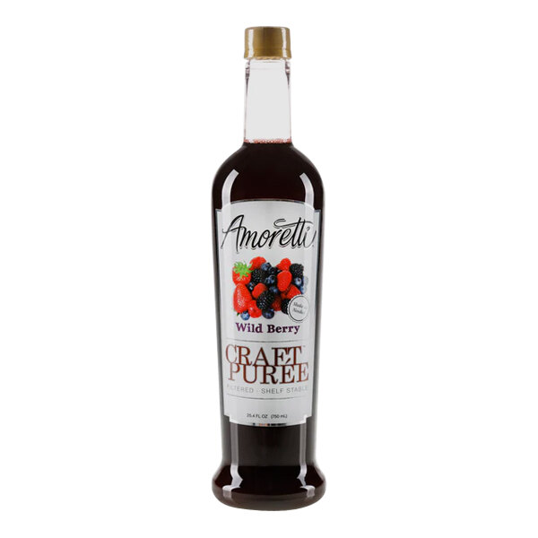 A bottle of Amoretti Wild Berry Craft Puree with a label.