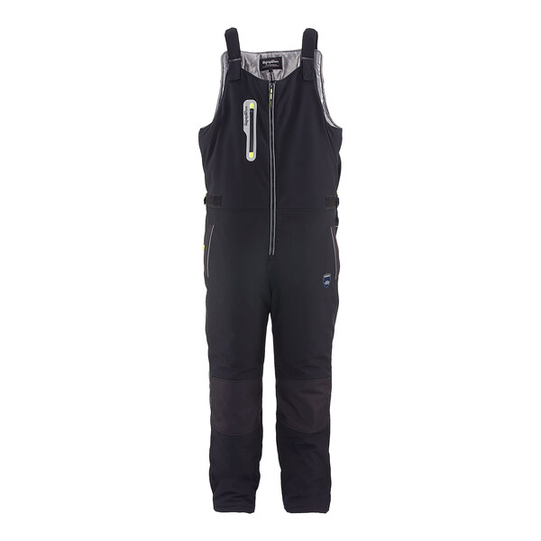 A pair of black RefrigiWear Extreme Softshell bib overalls with a zipper.