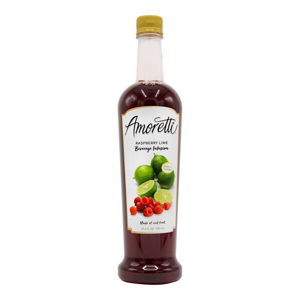 An Amoretti bottle of Raspberry Lime Beverage Infusion with a white label featuring green limes.