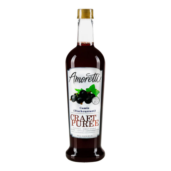 A bottle of Amoretti Cassis Craft Puree with a label on a white background.