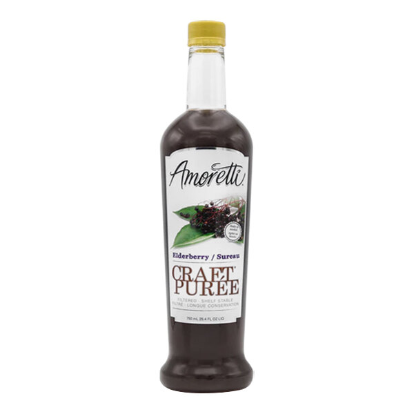 A bottle of Amoretti Elderberry Craft Puree with a white label with black text.