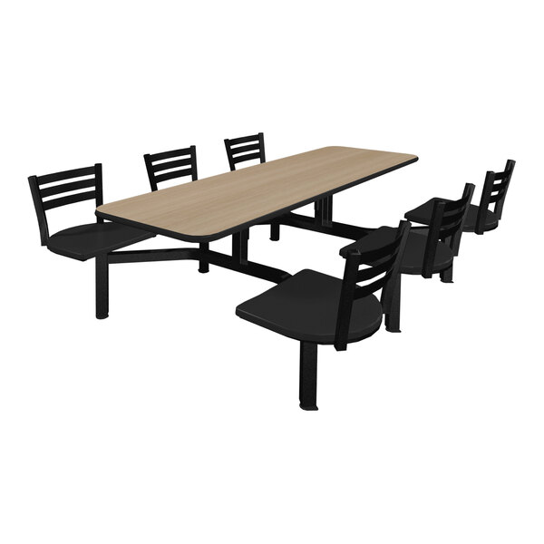 A beige Plymold table with black chairs around it.