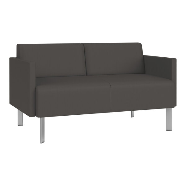 A grey Lesro Luxe Lounge loveseat with metal legs.