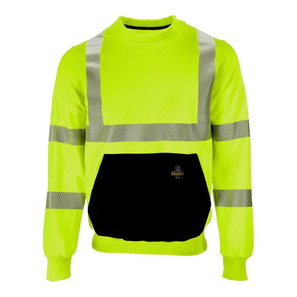 A black and lime yellow RefrigiWear crewneck sweatshirt with reflective tape.