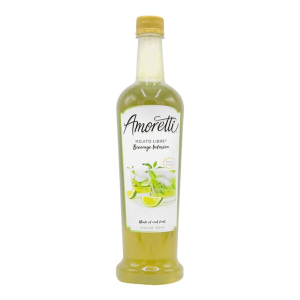 A bottle of Amoretti Mojito Libre beverage infusion with a white label and green text.