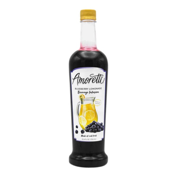 A bottle of Amoretti Blueberry Lemonade Beverage Infusion with a label.