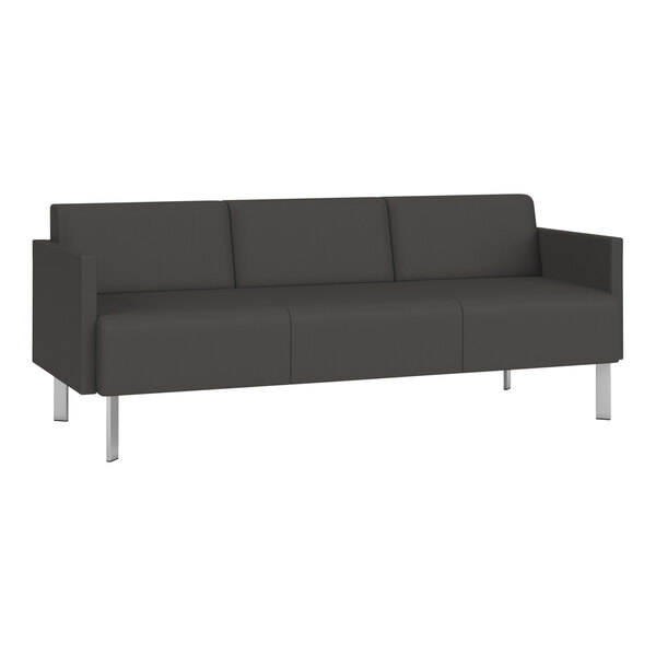 A charcoal vinyl Lesro Luxe Lounge sofa with steel legs.