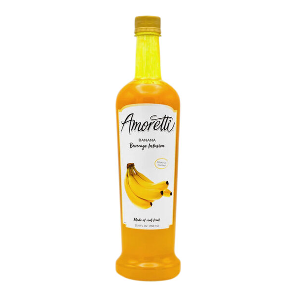 A bottle of Amoretti Banana Beverage Infusion with a white and yellow label.