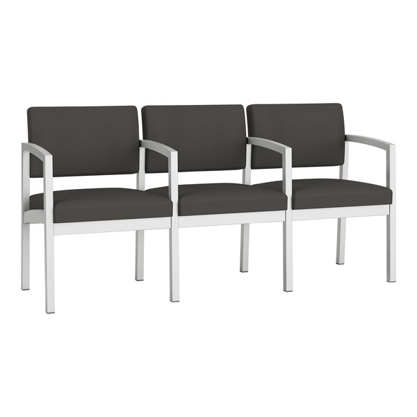 A Lesro Lenox steel sofa with charcoal vinyl and center arms.