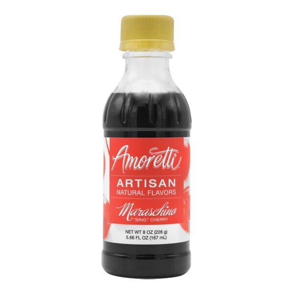 A bottle of Amoretti Maraschino Bing Cherry artisan natural flavor paste with a red label.