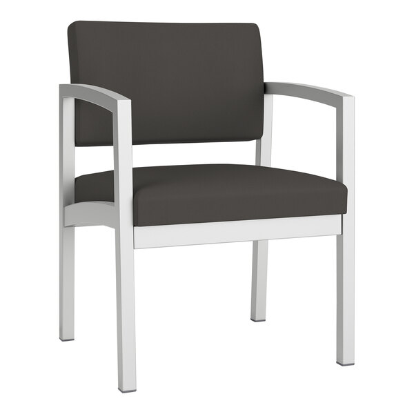 A gray Lesro Lenox steel arm chair with a black seat.