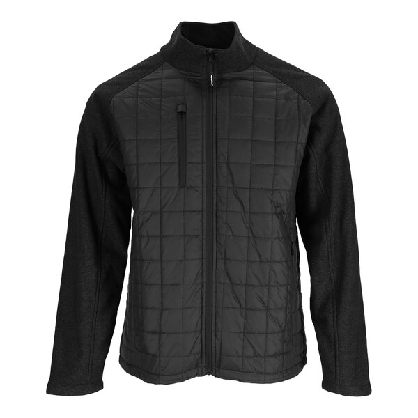 A black RefrigiWear EnduraQuilt jacket with a zipper and hood.