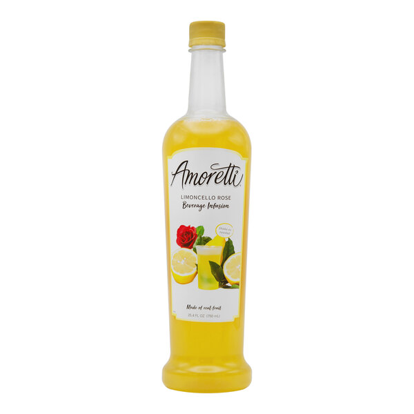 A bottle of Amoretti Limoncello Rose Beverage Infusion with a yellow label.