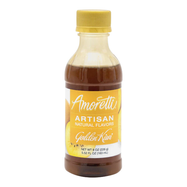 A bottle of Amoretti Golden Kiwi artisan natural flavor paste with a yellow label and cap.
