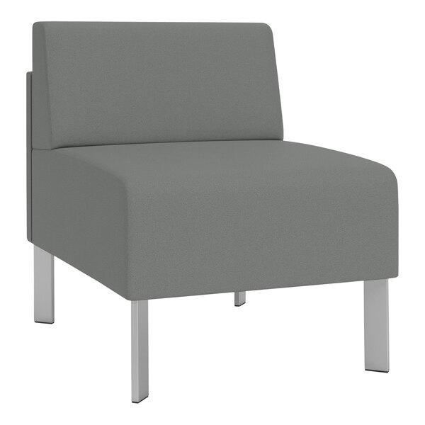 A Lesro Luxe Lounge Series grey fabric guest chair with silver metal legs.