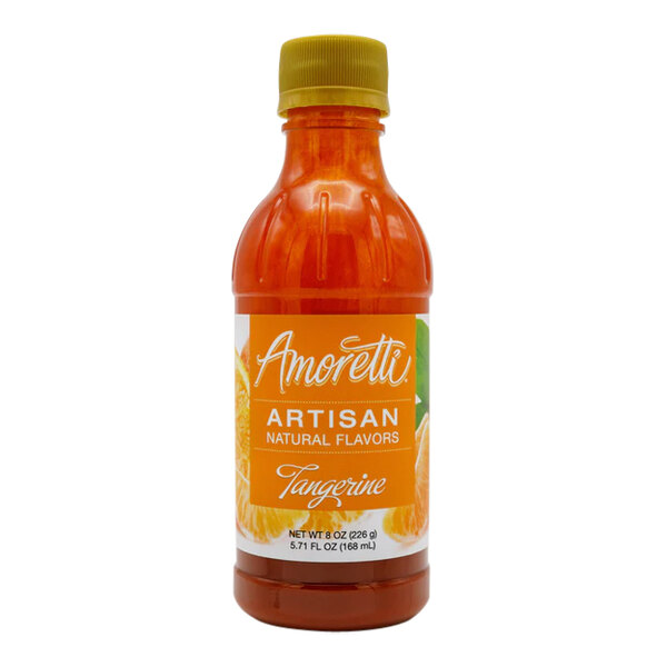 A bottle of Amoretti Tangerine Artisan Natural Flavor Paste with orange liquid inside.