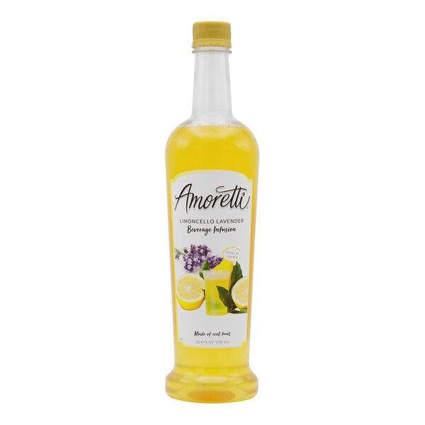 A bottle of Amoretti Limoncello Lavender Beverage Infusion on a white background.