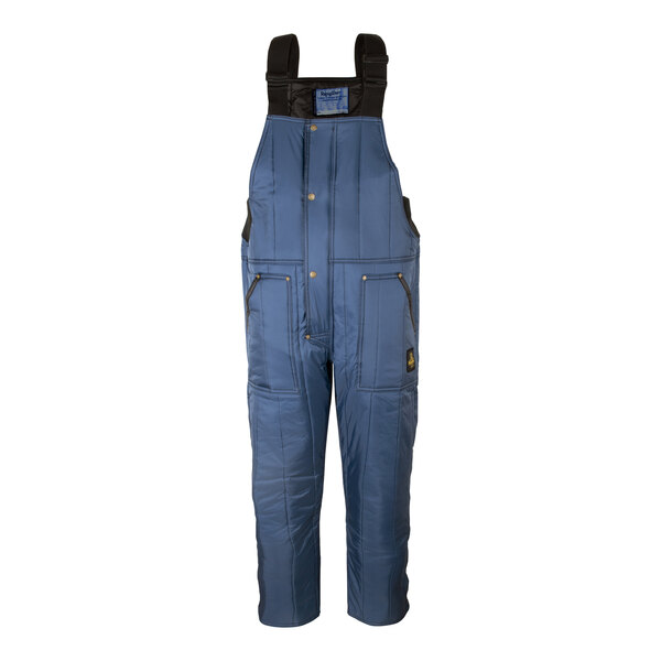 A navy blue RefrigiWear bib overall with black straps and a zipper.