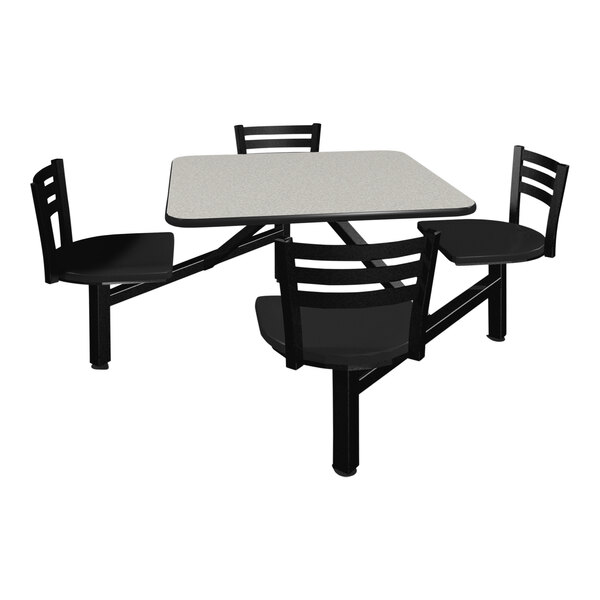 A white square table with black chairs around it.