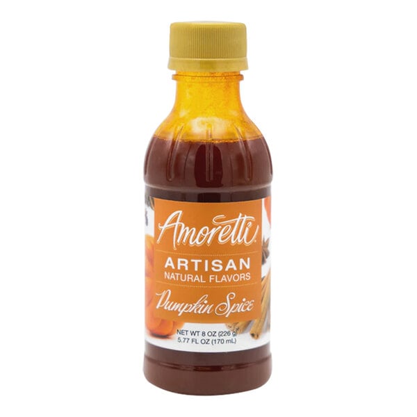 A bottle of Amoretti Pumpkin Spice Artisan Natural Flavor Paste with a label.