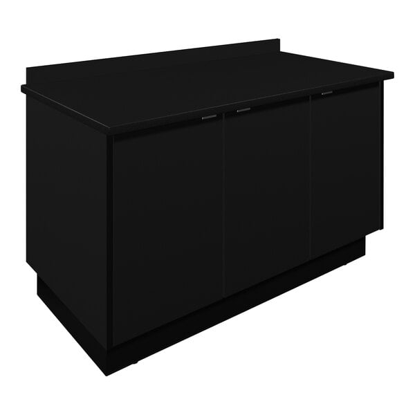 A black Plymold laminate condiment counter with two drawers.