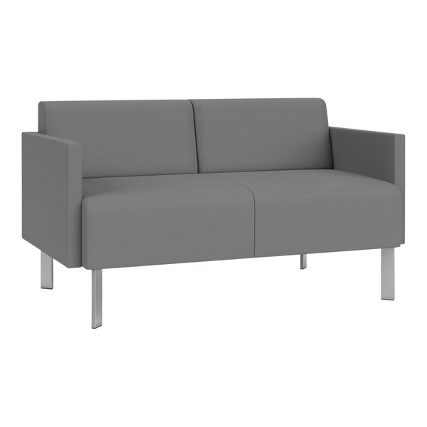 A grey Lesro Luxe Lounge loveseat with metal legs.