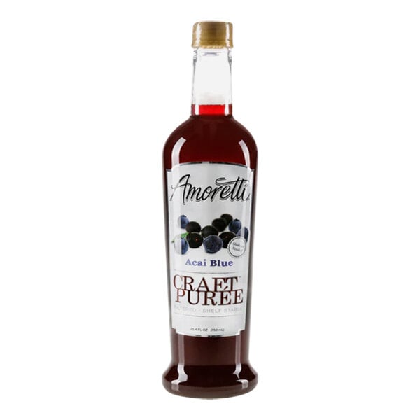 A bottle of Amoretti Acai Blue Craft Puree with a label.
