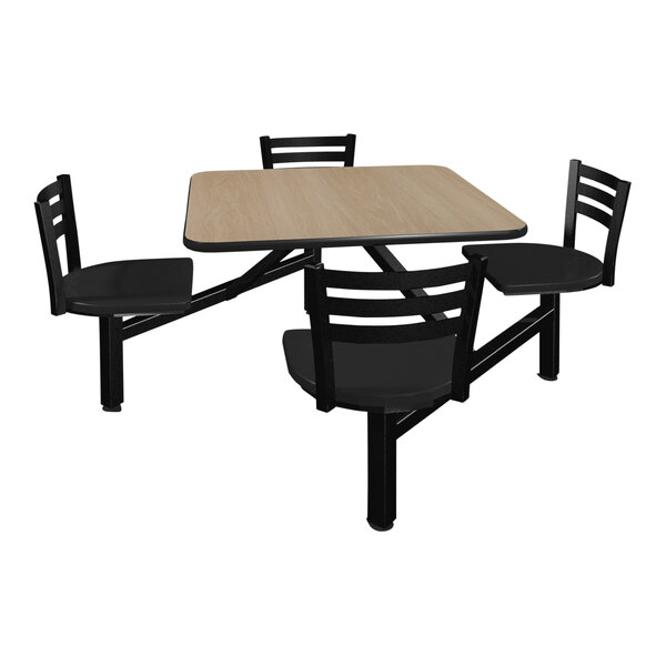 A beige square Plymold table with black chairs around it.