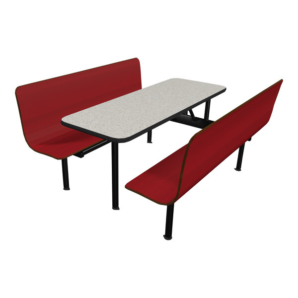 A white Plymold Contour table with red and black benches.