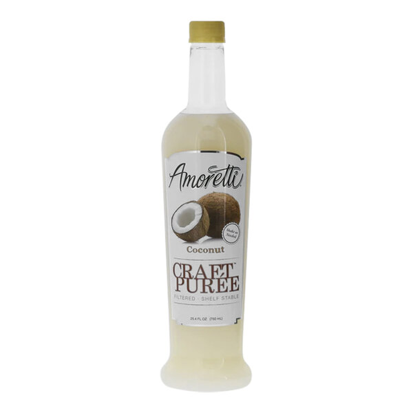 A bottle of Amoretti Coconut Craft Puree on a white background with a label.