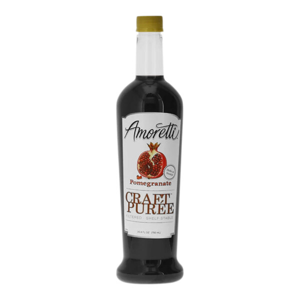 A bottle of Amoretti Pomegranate Craft Puree with a white label.