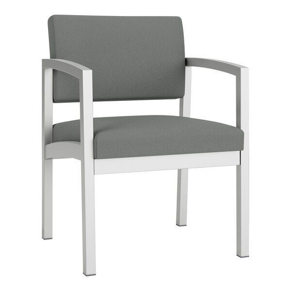 A grey Lesro Lenox guest chair with white armrests.