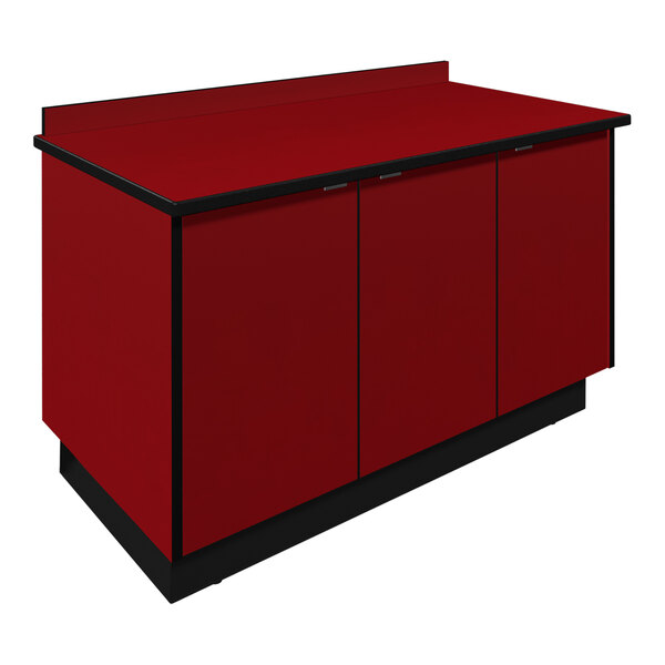 A red Plymold laminate condiment counter with black trim.