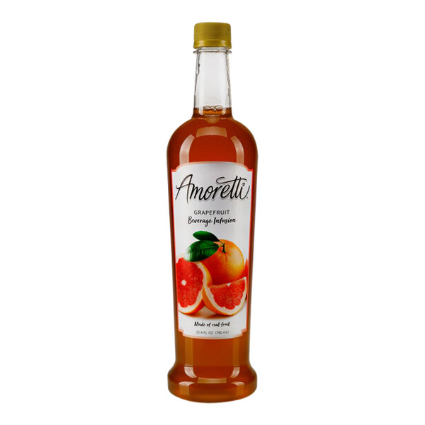 A bottle of Amoretti Grapefruit Beverage Infusion syrup with a label.