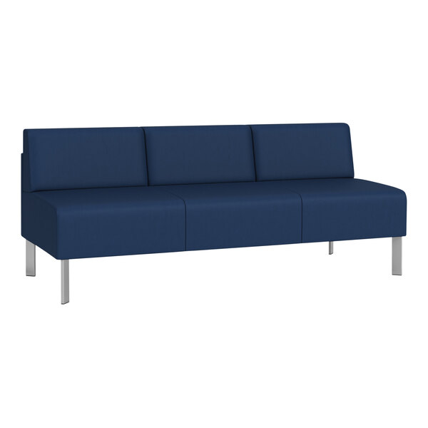 A blue Lesro Luxe Lounge Series sofa with steel legs.