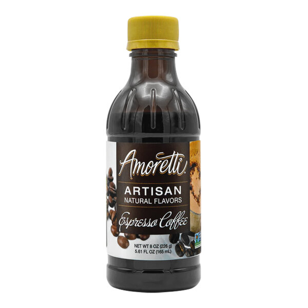 A bottle of Amoretti Espresso Artisan Natural Flavor Paste with a yellow cap and label.